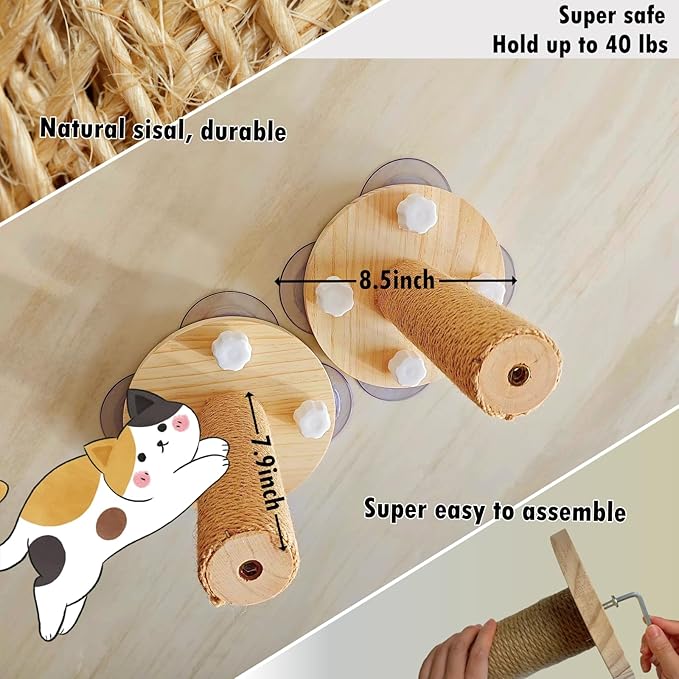 Cat Window Perch with 2 Window Stairs, Natural Wood Materials, 17'' Wide Cat Window Hammocks, Cat Hammock for Window with 5 Strong Suction Cups