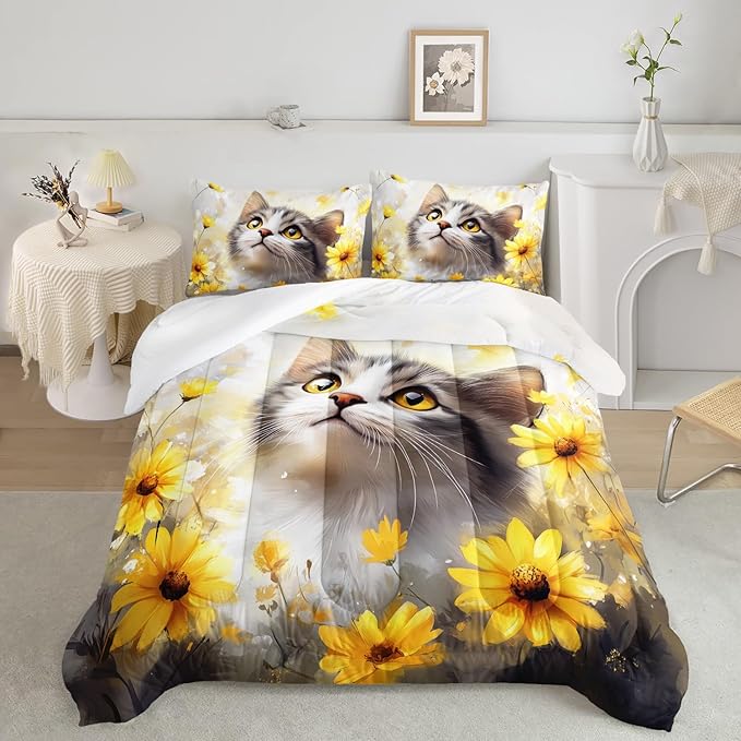 AILONEN Cat Comforter Set Twin Size for Kids,Yellow Flower Kitten Comforter Set,Boys Girls Cat Bedding Set,Soft Lightweight,1 Comforter with 2 Pillowcases,3 Pieces