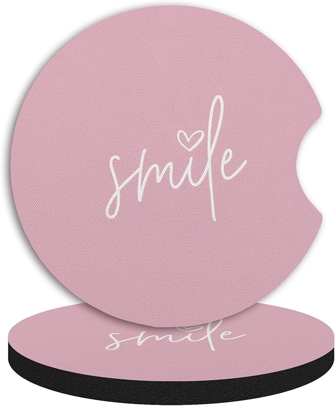 2pcs Car Cup Holder Coasters, Universal Auto Anti Slip Smile Design Pink Coasters, Rubber Car Coasters with A Finger Groove, Cute Car Accessories for Women&Men