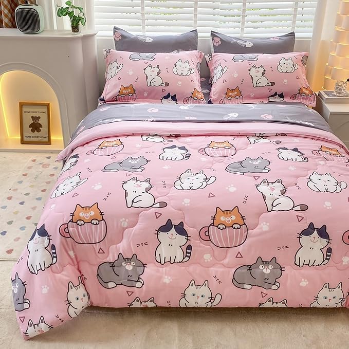 7 Piece Girls Cats Comforter Set Twin Size Bed in A Bag Pink Cute Cartoon Pet Cat Bedding Set for Kids Boys Teens (1 Comforter, 1 Flat Sheet, 1 Fitted Sheet, 4 Pillow Sham) Gray