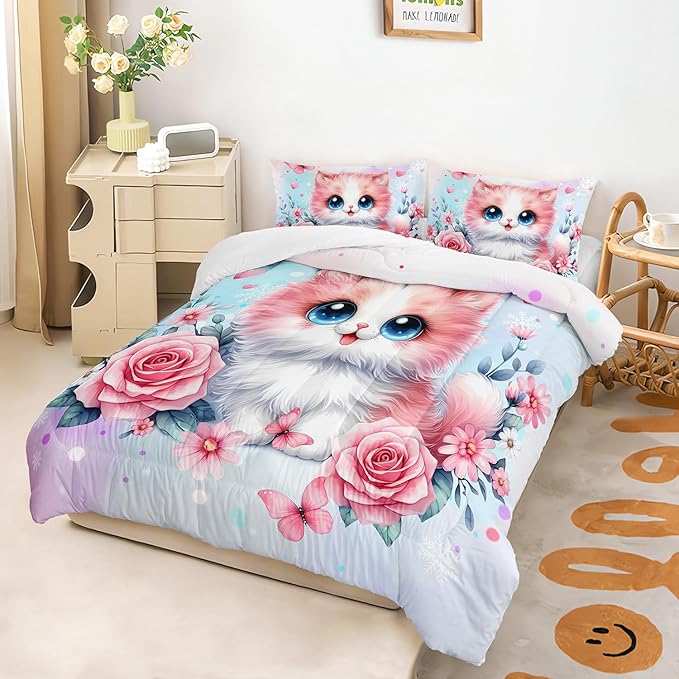 AILONEN Cute Kawaii Cat Twin Bedding Set for Girls,Watercolor Floral Kitten Kids Comforter Set,Pink Tie Dye Pet Cat Butterfly Comforter with 2 Pillowcases, 3 Piece