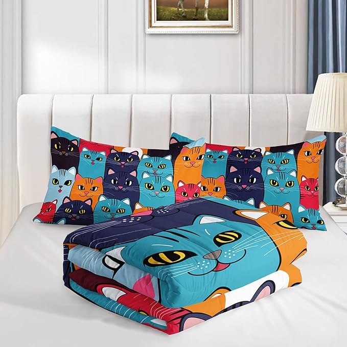 Axolotl Kids Cat Bedding Set, Twin Size, 3 Pcs (1 Comforter + 2 Pillow Cases), Multicolor, Cat Pattern