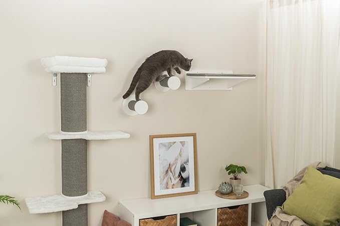 Wall Set 3, Indoor Wall Mounted Cat Climbing System, 3 Sisal Climbing Steps, Jumping Platform, Perches, Gray