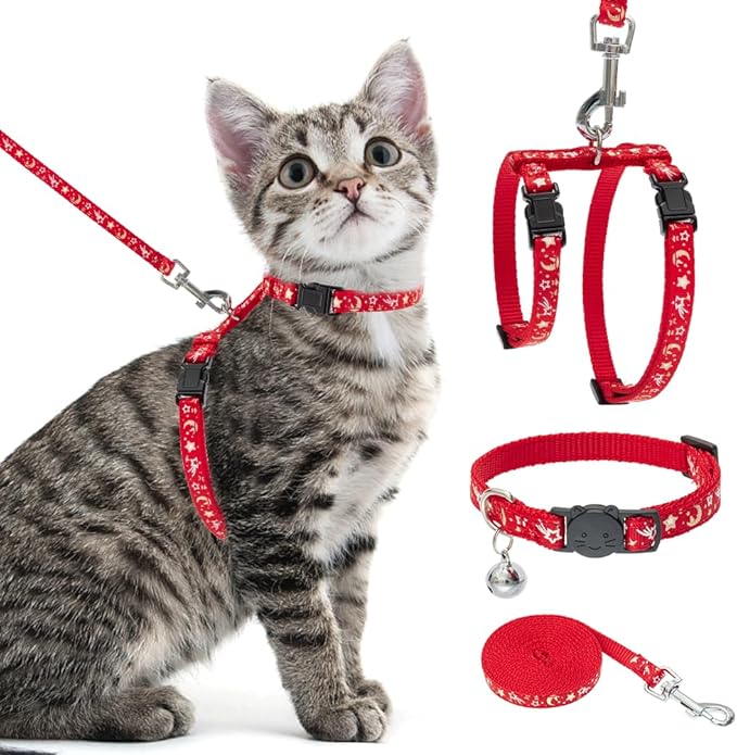 PAWCHIE Cat Harness with Leash and Collar Set - Escape Proof Adjustable H-shped Cat Harness with Star and Moon Pattern Glow in The Dark for Kitty Outdoor Walking