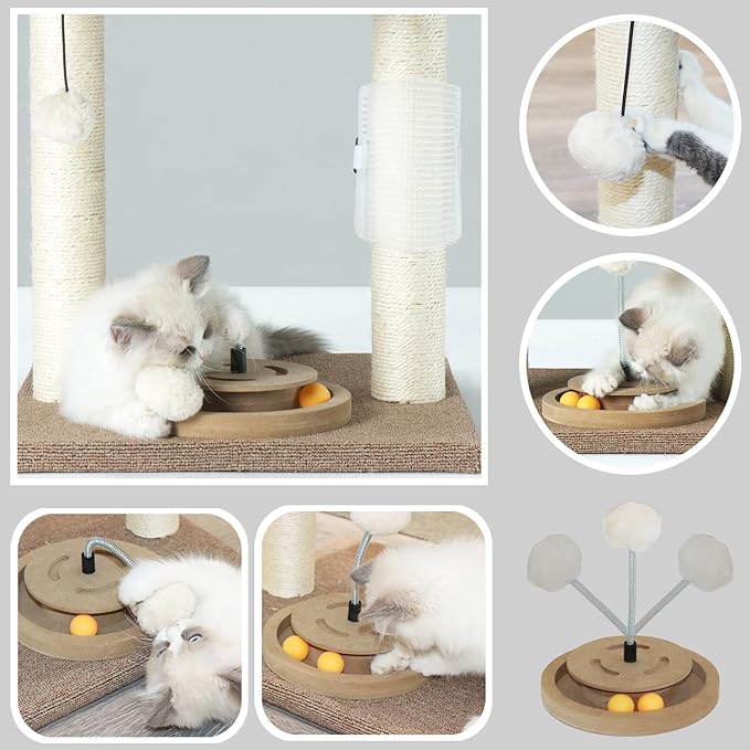 PAWSFANS Cat Tree Scratching Post,Small Cat Tower with Perch Bed Scratch for Indoor Cats and Kittens Scratcher.Track Toy Hanging Ball Bursh Beige