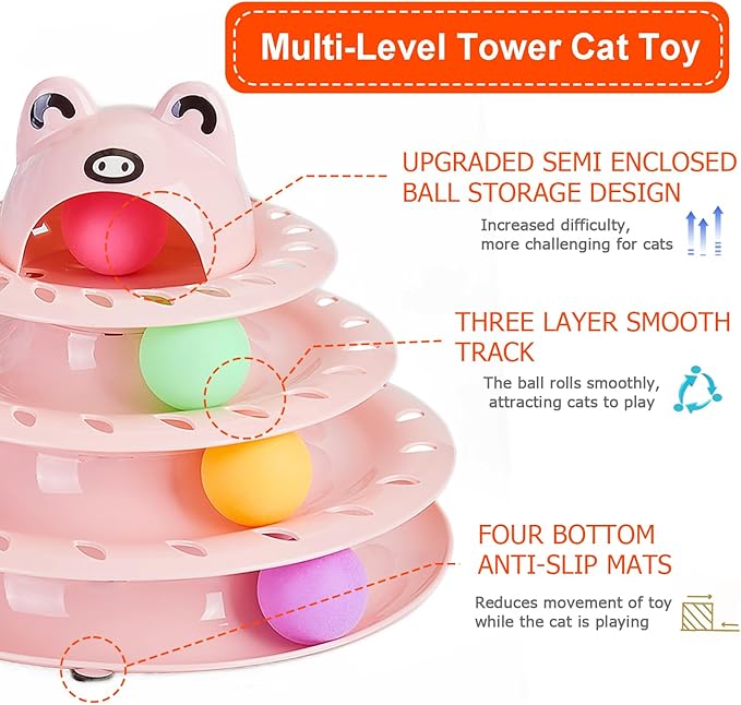 17 Pack Cat Toys, 4-Level Turntable Ball Track Interactive Cat Toy for Indoor Cats, Self Play Fun Roller with Colorful Rotating Ball Puzzle Exercise Kitten Toys Set