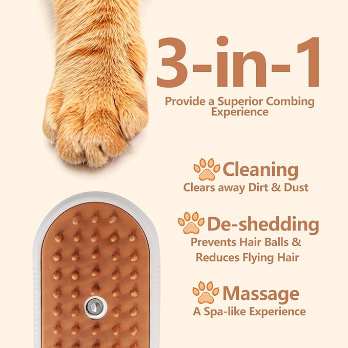 3-in-1 Cat Steam Brush for Shedding, Rechargeable Cat Brush with Gentle Mist, Pet Hair Steam Brush for Cats and Dogs, Spritz Defur Comb for Cats (White)