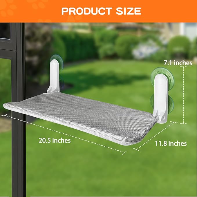 Cat Window Perch, Foldable Cat Window Bed with 4 Strong Suction Cups, Cordless Cat Hommack for Window Sill, Sturdy Metal Cat Window Seat Shelf for Indoor Cats with Reversible Cover(Grey)