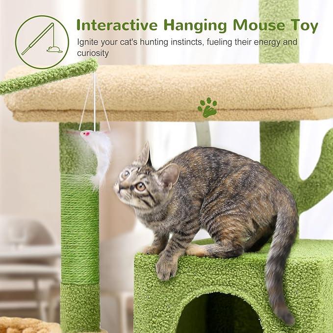 F46C Versatile Play Cactus Cat Tree Tower | 46-Inch Sturdy Cat Condo with Scratching Posts, Hammock, Multiple Platforms & Anti-Tip Kit for Large Multi-Cats | Premium Quality Materials, Green