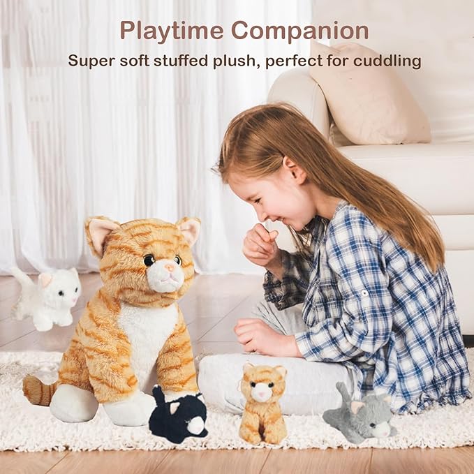 5 Pieces Cat Stuffed Animal Plush with Babies Inside, Mommy Stuffed Orange Tabby Cat with 4 Kittens Stuffed Animal, Kitty Cats Plushies Toys Pillow Plush for Kids Boys Girls Birthday Christmas Party
