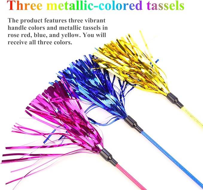 ADUCK Cat Toys Interactive Teaser Wand Toy with Tassels Worms Catcher for Cats Kitten, Pack of 3 (Gold + Blue + Pink)