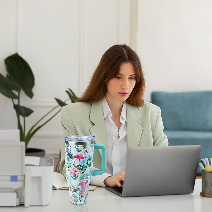 40 oz Tumbler with Handle and Straw, Stainless Steel Insulated Cup with Leak Proof Lid and Straw Lid, Keep Drinks Cold and Hot for Hours(Flamingo)