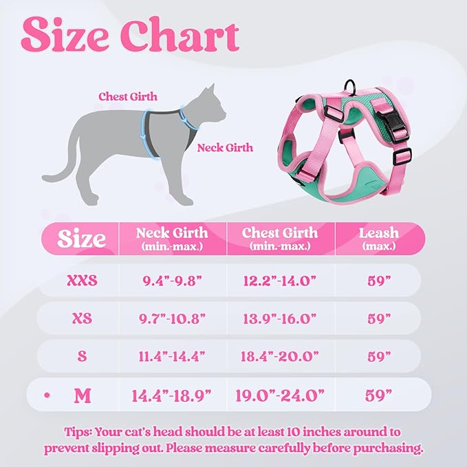 rabbitgoo Cat Harness and Leash Set, Escape Proof Soft Adjustable Vest Harnesses for Outdoor Walking, Easy Control Breathable Kitten Jacket with Reflective Strips, Green & Pink, M