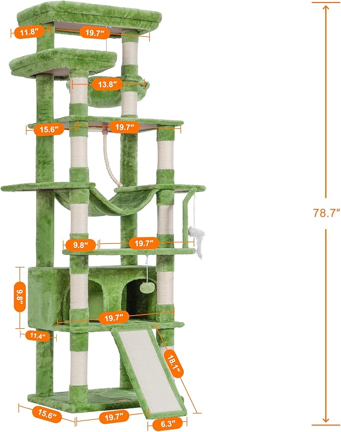 Heybly Tall Cat Tree,78 inch Multi-Level Cat Tower for Indoor Cats,2 Widened Plush Perches Cat Condo with Scratching Board and Big Caves,Green HCT033GR