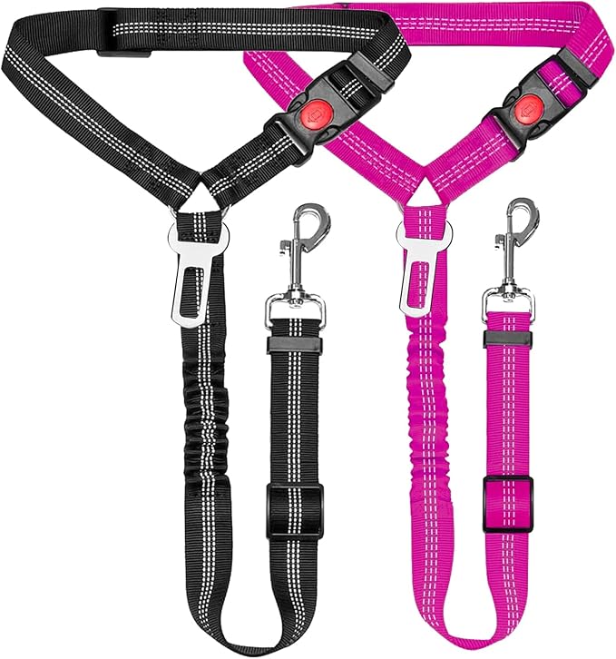 2 Packs Removable Dog Seat Belt Harness for Car, 3 in 1 Pet Dog Car Seatbelt Leash, Retractable Restraint Secures to Vehicle Headrest & Adjustable Reflective Dog Seatbelt Tether