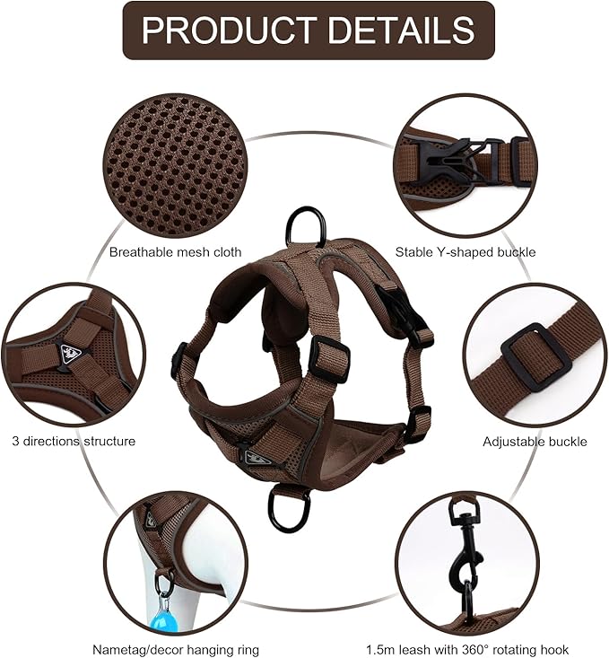 Cat Harness and Leash Set, Upgraded Escape Proof Adjustable Vest with Lead for Kitten Puppy Outdoor Walking, Soft Breathable Mesh Jacket with Reflective Strips for Dark Night (M, Coffee Brown)