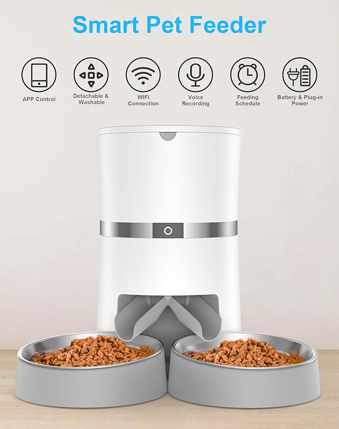 Automatic Cat Feeder, WellToBe Pet Feeder Food Dispenser for Cat & Small Dog with Two-Way Splitter and Double Bowls, up to 6 Meals with Portion Control, Voice Recorder - Battery and Plug-in Power