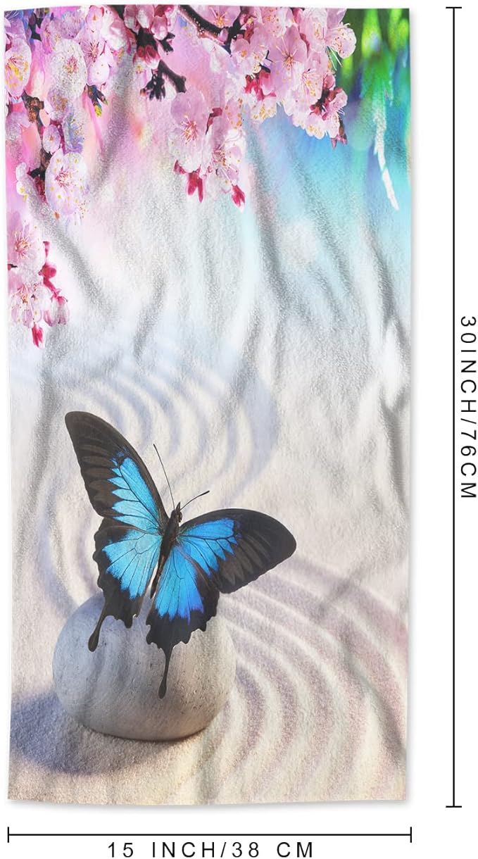 AOYEGO Butterfly Hand Towel Butterfly in Japanese Rock Garden Pink Flowers Blossom Decorative Soft Highly Absorbent Bath Towels Home Hotel Spa Bathroom Towel 15x30 Inch