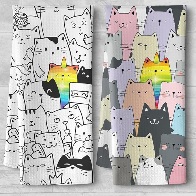 2-Pack Unicorn Rainbow Cat Kitchen Towels Set-Quick-Drying Decorative Dish Towels with Magical Animal Designs,Cute Hand Towels Featuring Special Kitty Symbolizing Unique Personality,Gifts for Cat Mom