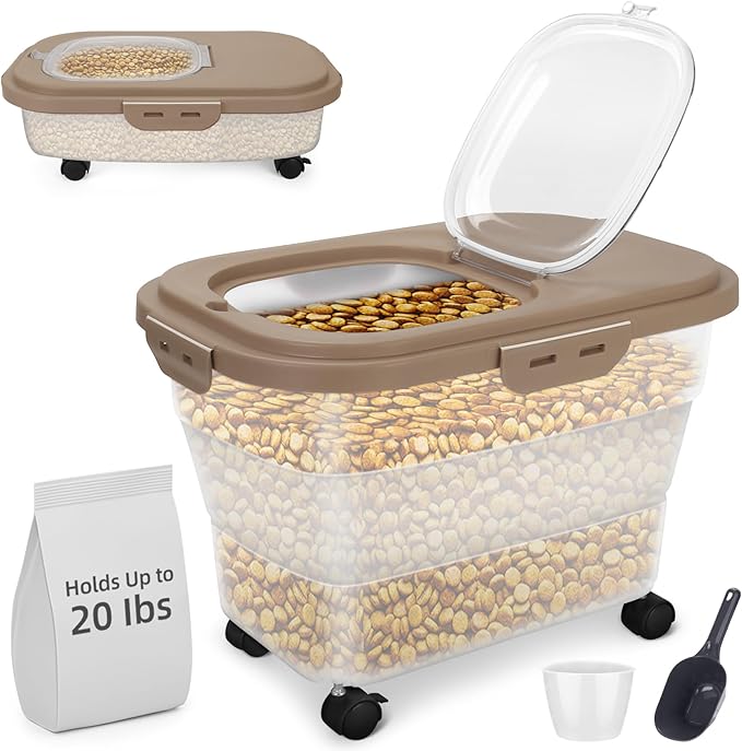 Airtight Pet Food Container, Collapsible Dog Food Storage Container 15-20 lb with Castors, Plastic Dog Food Bin with Pet Food Scoop & Measuring Cup for Dry Food Storage