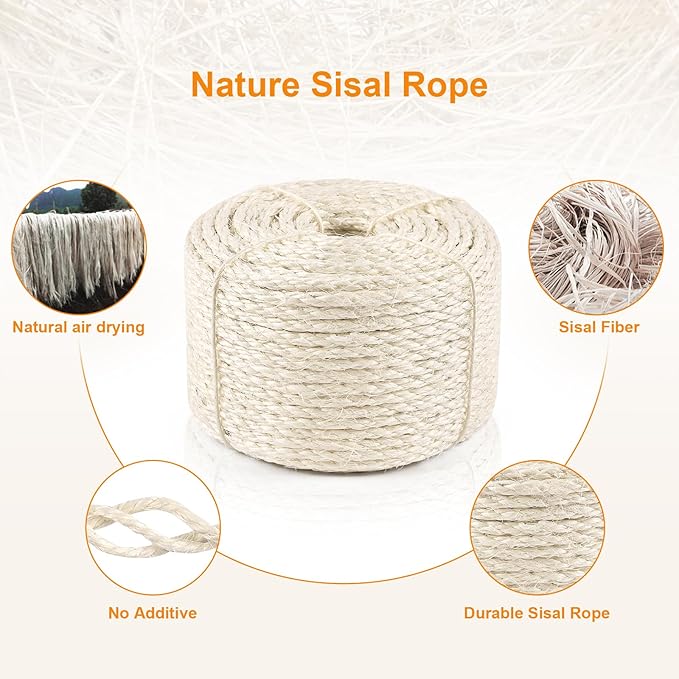 SIsal Rope for Cat Scratcher 1/4" 100 Foot White Natural Sisal Rope for Repairing Cat Scratching Post