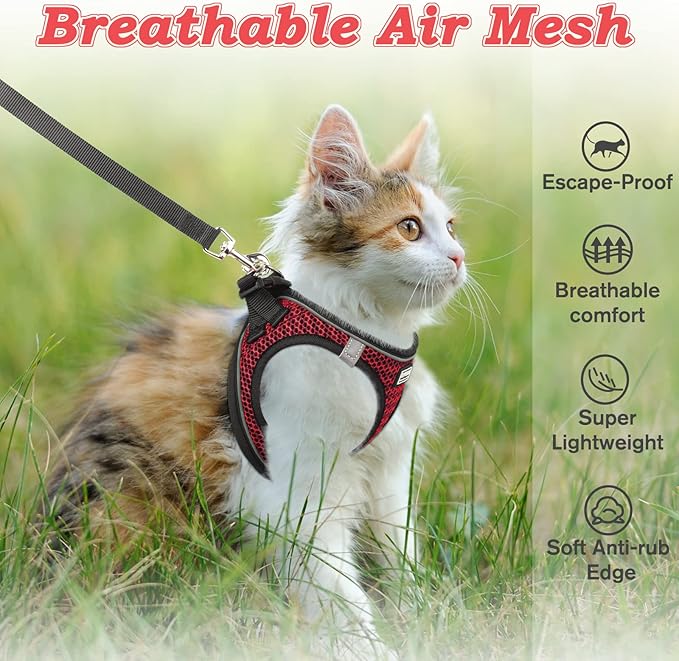 Cat Harness and Leash for Walking Escape Proof, Adjustable Kitten Vest Harness Reflective Soft Mesh Puppy Harness for Outdoor, Comfort Fit, Easy to Control (Red, M)