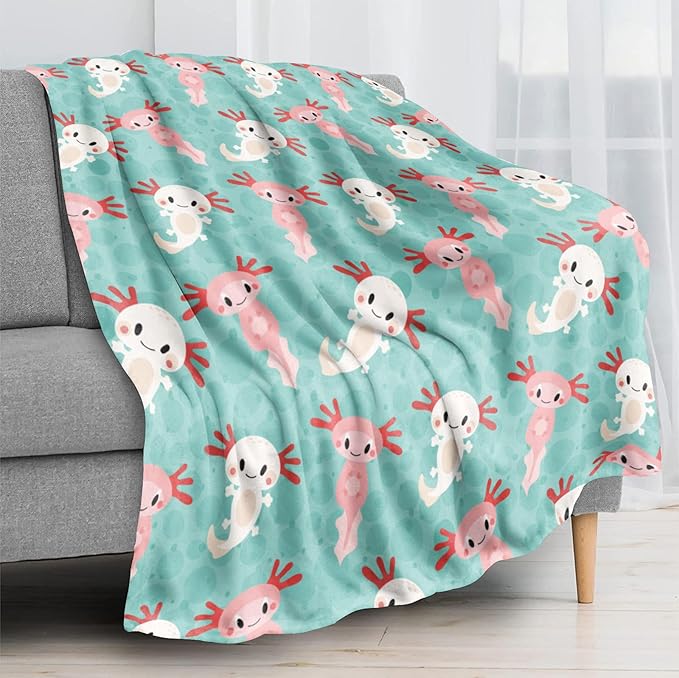 Axolotls Blanket Axolotl Present Soft Flannel Lightweight Axolotl Throw Blanket for Kids Girls Boys All Season Cartoon Salamander Blankets for Sofa Couch Bed Decorative Axolotls Green Blanket