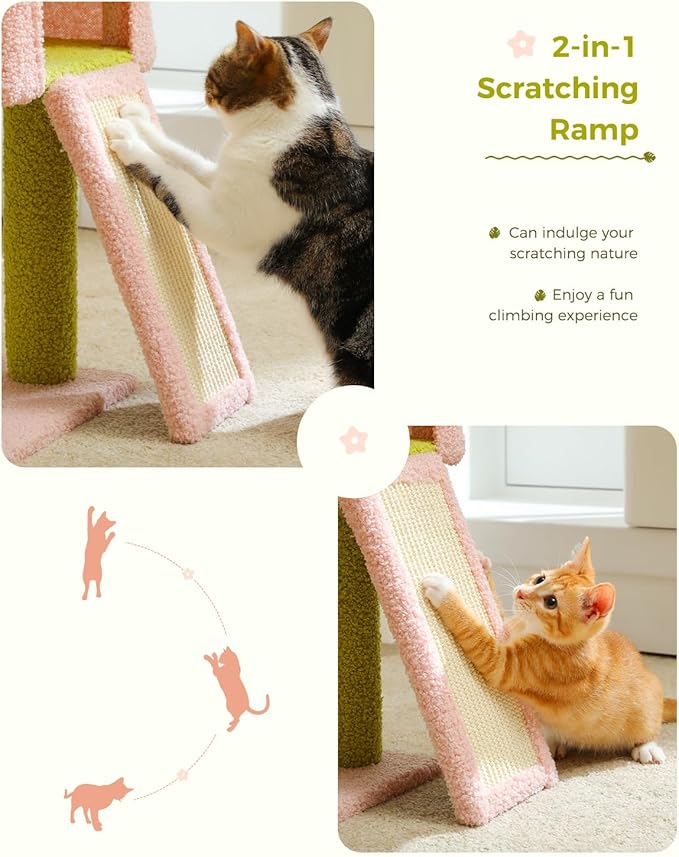 Flower Cat Tree 47.2" Multi-Level Cat Tower with Sisal Covered Scratching Posts, Cute Cat Condo for Indoor Small Medium Cats, Pink Top Perch, Ramp, Fluffy Ball, Pink