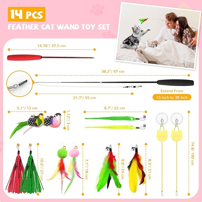 14pcs Cat Wand Toy Cute Bird Feather Cat Toys for Indoor Cats Worm Kitten Toys for Cat Colorful Self Play Hanging Cat Toys for Bored Indoor Adult Cats Interactive Cat Toy for Kitten