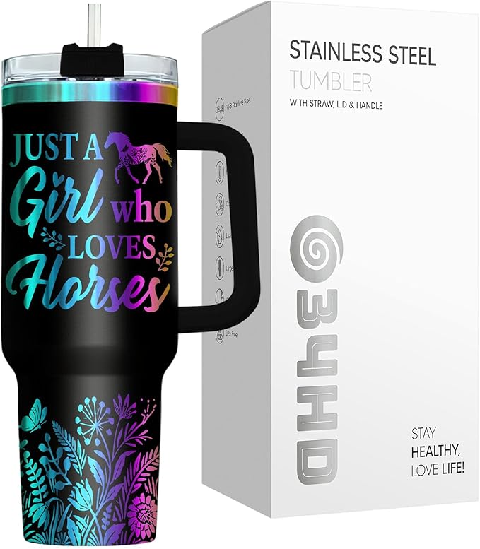 34HD Laser Engraved Horse Tumbler with Handle & Straw, 40oz Stainless Steel Double Wall Vacuum Insulated Cowgirl Travel Mug, Horse Lover Gifts for Girl Women Cowgirl Daughter