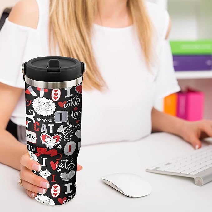 30 Oz Cat Tumbler with Straw and Handle, Insulated Cat Mugs for Cat Lovers, Double Wall Stainless Steel Cat Coffee Mug, Cat Mom Mug or Cat Dad Mug and 30 Oz Cat Cups Gifts for Cat Lovers for Women