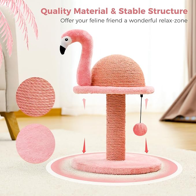PETEPELA Cat Scratching Post, Pink Cat Scratcher Tree, Flamingos Natural Sisal Cat Scratch Post with Interactive Toy Ball and Extra Replacement Sisal Scratching Pole for Kittens and Small Cats,Pink