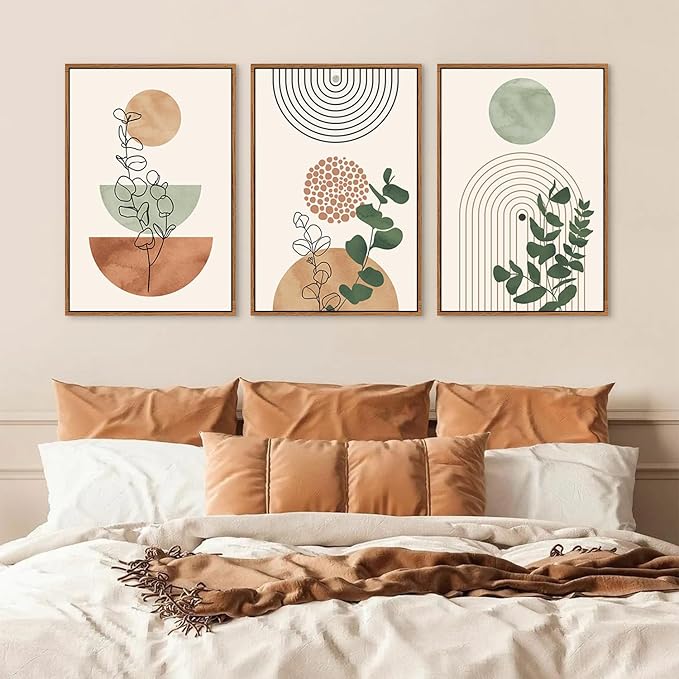 Ausril Boho Terracotta Green Framed Canvas Wall Art Set, Abstract Plant Wall Decor, Mid Century Modern Geometric Wall Painting, Neutral Abstract Art Print to Living Room, Bedroom, Office 36"x24"x3