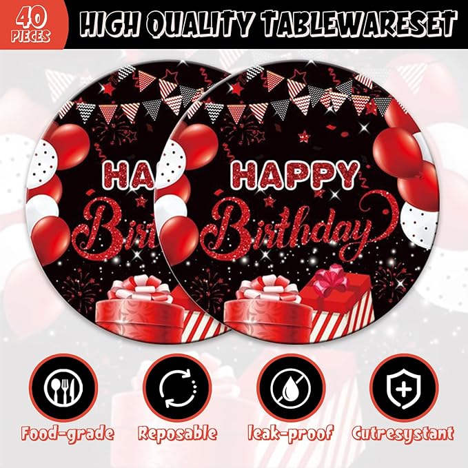 48Pcs Red and Black Happy Birthday Party Decorations for Men Women, Red and Black Balloons Pattern Birthday Decorations for Baby Shower Forks Plates and Napkins Set Party Supplies