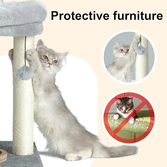 PAWSFANS Cat Tree Scratching Post,Cat Tower with Perch Bed Scratch for Indoor Cats and Kittens Scratcher,Track Toy Hanging Ball Bursh Gray