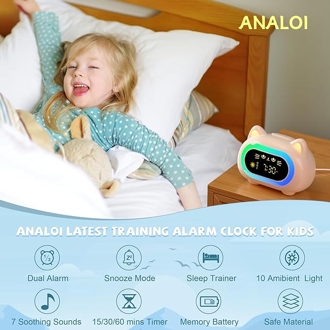 Alarm Clock for Kids, Ok to Wake Clock for Kids with Eye Protection Sleep Training Auto Off Feature 10 Night Light Dual Alarm, Kids Alarm Clock for Girls and Boys, Cute Cat