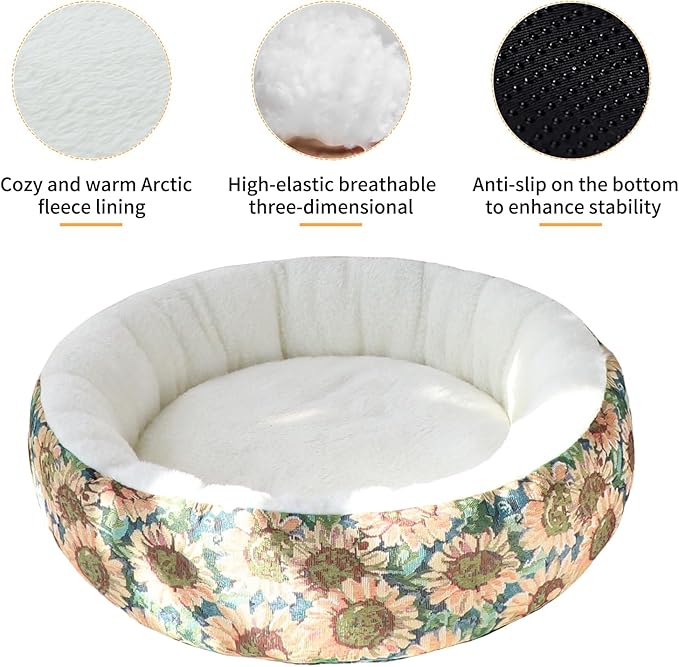 Circular Calming Dog & Cat Bed Anti-Anxiety Plush Dog Bed Washable Pet Bed with Anti Slip Backing Donut Cuddler with Cute Jacquard Patterns for Cat and Small Puppy 30" (Small, Sunflower)