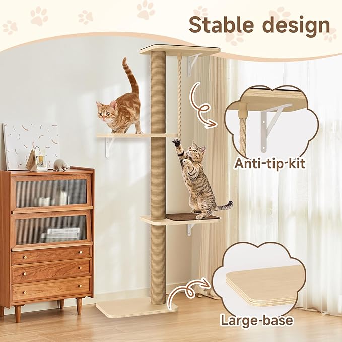 Cat Tree Wall Mounted 4 Tier at Climbing Wall Shelves with Scratcher Post for Indoor Cats Activity, Large Cat Wall Furniture with Cat Pads and Rope