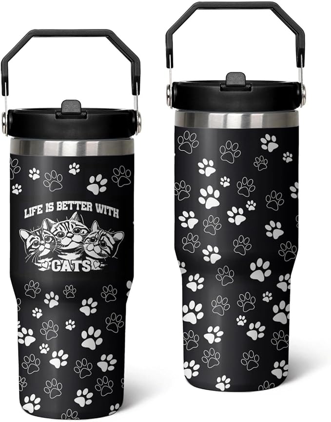 30 Oz Black Cat Tumbler with Handle and Straw, Insulated Cat Mugs for Cat Lovers, Double Wall Stainless Steel Black Cat Mug, Cat Mom Mug or Cat Dad Mug and Cat Cups Gifts for Cat Lovers for Women