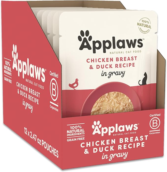 Applaws Natural Wet Cat Food in Gravy, Limited Ingredient Wet Cat Food Pouches, No Additives, Made with Natural Ingredients, Chicken Breast & Duck in Gravy (12 x 2.47oz Pouches)