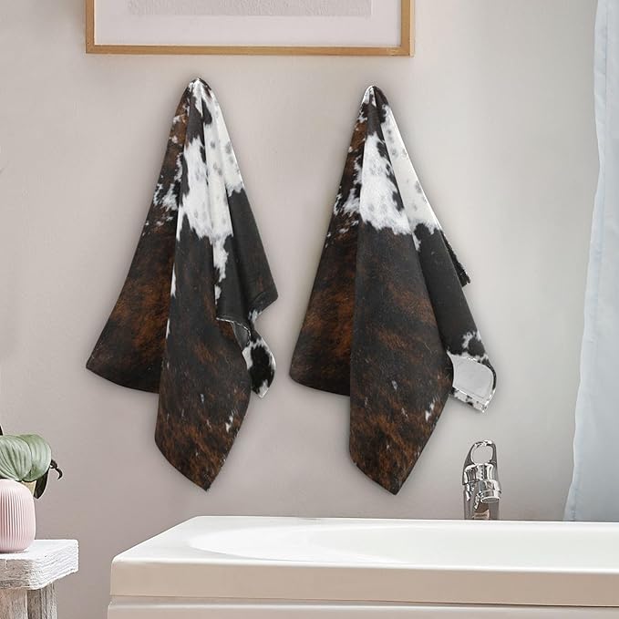 2 Pack Cow Fur Hand Towels for Bathroom,Soft Absorbent White Black Brown Cow Print Country Farmhouse Bath Hand Towels for Kitchen,Decorative Guest Bathroom Towels for Face,Shower,Gym 14"x28"