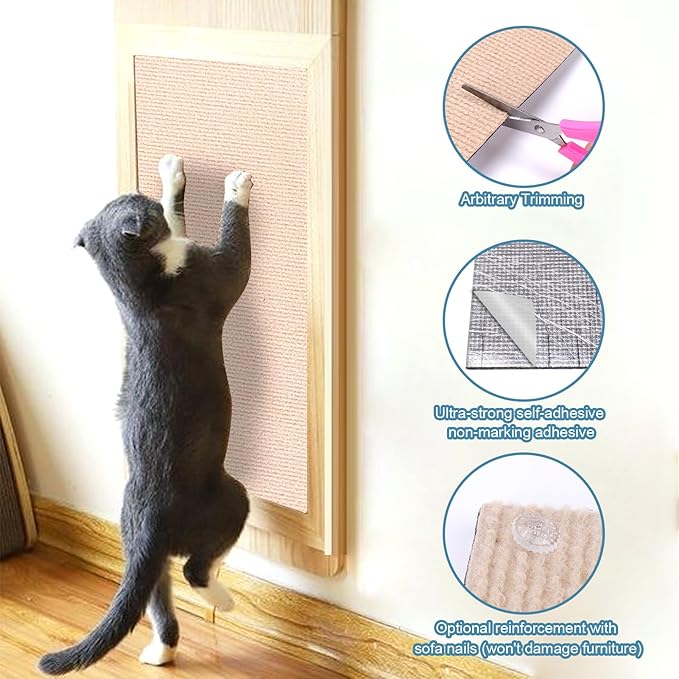Mity rain 4PCS Cat Scratch Furniture Protector Mats 23.6“X11.8”Trimmable Self-Adhesive Cat Scratch Pads with 8PCS Furniture Nails Cat Couch Protector Mat for Pet Furniture DIY Beige