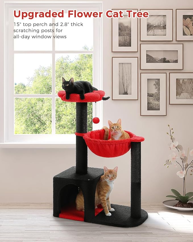 Flower Cat Tree with Black Scratching Posts, 35" Gothic Cat Tower with Large Metal Frame Hammock for Small Indoor Cats, Coffin Cat Condo with Cute Perch for Kittens Halloween, Black