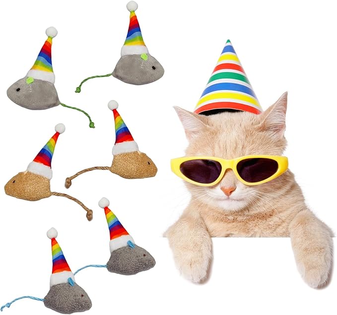 6-Pack Christmas Catnip Cat Mice Toys with Rainbow Santa Hats Interactive Cat Toys for Indoor Cats Kittens, Christmas Thanksgiving Cat Toy Gift