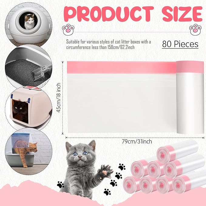 80 Count Cat Litter Box Liners 31 x 18 Inch Large Drawstring Kitty Litter Box Bag Thick Pet Pan Liners Cat Waste Litter Bags Thick Cat Litter Bags Pet Cat Supplies for Cat Litter Box Tray Trash Waste