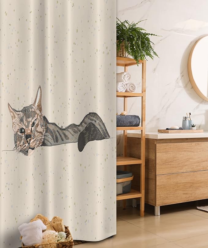 Ambesonne Cat Stall Shower Curtain, Lazy Sleepy Cat in Earth Tones Furry Mascot Indoor Pet Art Illustration, Fabric Bathroom Decor Set with Hooks, 36" W x 72" L, Grey Beige