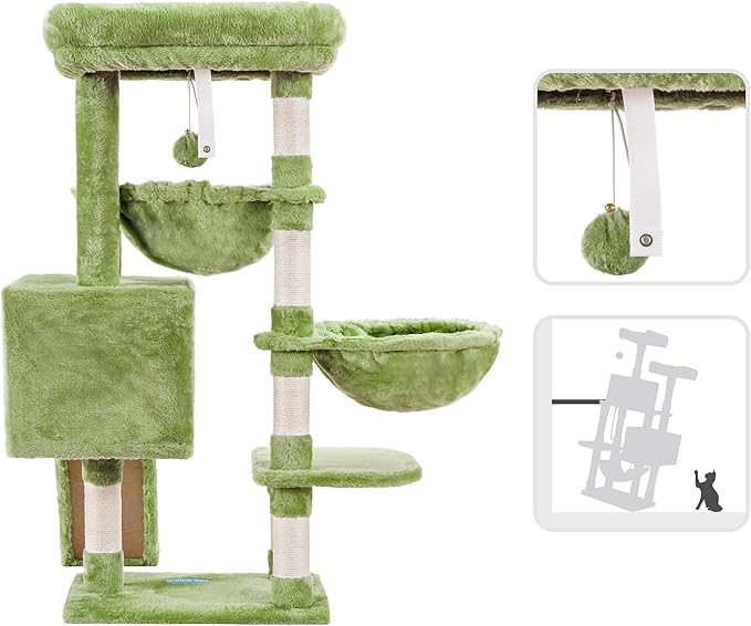 Hey-brother Cat Tree, Cat Tower for Indoor Cats, Cat House with Large Padded Bed, Cozy Condo, Hammocks, Sisal Scratching Posts, Big Scratcher, Green MPJ006SGR