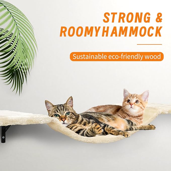 Wall-Mounted Cat Climber Set with Climbing Shelves, Perches, Bridge,Hammock,Scratching Board & Ball - 7 Pcs Wood Indoor Cat Furniture for Kittens Play (Beige)