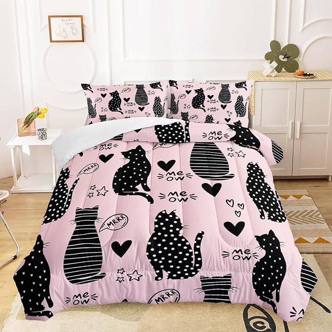 AILONEN Black Cat Comforter Set Queen Size,Pink and Black Soft Microfiber Kitted Bedding Set,3-Piece Cat Lover Bedroom Comforter with 2 Pillowcases