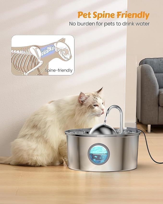 AONBOY Cat Water Fountain with 16 Filters, 108oz/3.2L Cat Fountain Stainless Steel, Includes 8 Carbon Filters and 8 Sponge Filters, Faucet Shape Dog Water Fountain, Double Noise Reduction Design